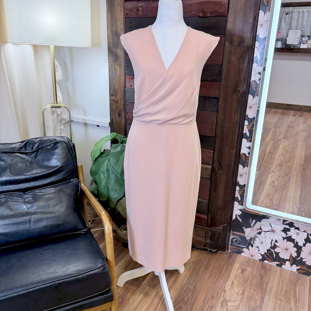 Ann Taylor Blush Pink Sleeveless Wrap Dress SZ 4 Capsule Midi Sheath Minimalist - Picture 5 of 10